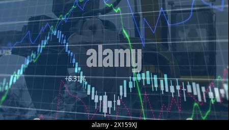 Image of financial data and graphs over machines on junkyard Stock Photo