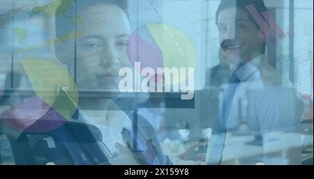 Image of statistics and financial data processing over diverse business people Stock Photo