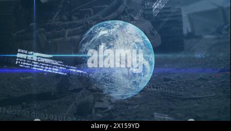 Image of financial data and graphs over globe and data processing on blue background Stock Photo