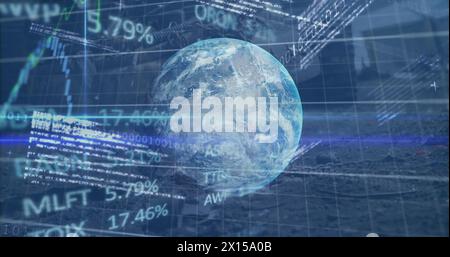 Image of financial data and graphs over globe and data processing on blue background Stock Photo