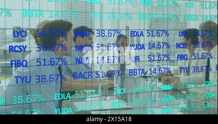 Image of financial data over diverse businesspeople shaking hands Stock Photo
