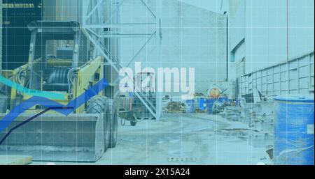 Image of financial data and graphs over machines on junkyard Stock Photo