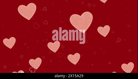 Image of hearts floating over red background Stock Photo