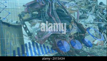 Image of financial data and graphs over machines on junkyard Stock Photo