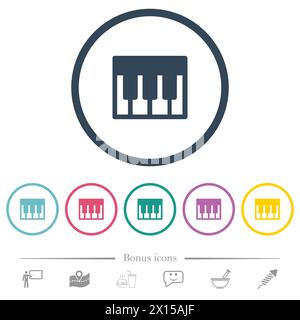 Piano keyboard solid flat color icons in round outlines. 6 bonus icons included. Stock Vector