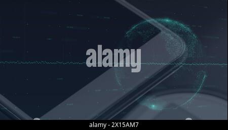 Image of glowing globe of connections and data processing over smartphone Stock Photo