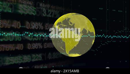 Image of globe over financial data processing Stock Photo