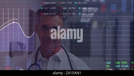 Image of data processing and squares over male doctor with financial data processing Stock Photo