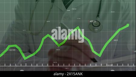 Image of financial data processing over green grid Stock Photo