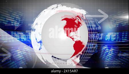 Image of globe with arrows over financial data processing Stock Photo