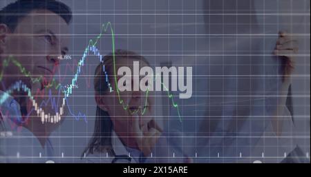 Image of data processing over group of men and women exercising Stock Photo