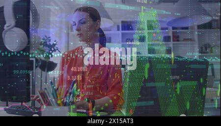 Financial data processing against caucasian woman using computer at office Stock Photo