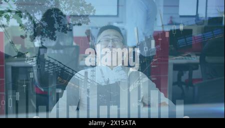 Image of data processing over asian businessman smiling Stock Photo
