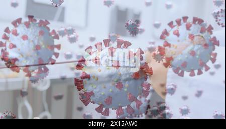 Image Of Virus Cells Over Biracial Female Scientist With Patient Stock 