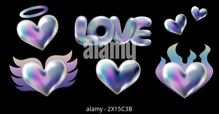 3d holographic retro 90 stickers set. Chrome Hearts in Y2K style with fire flame, angel wings, crown isolated on black. Future galaxy retro aesthetic, 3D chrome bubble art. Metal glossy sticker set. Stock Vector