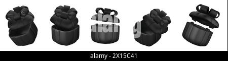 3d gift black boxes set with ribbon bow isolated on a white background. 3d render flying modern holiday closed surprise box. Stock Vector