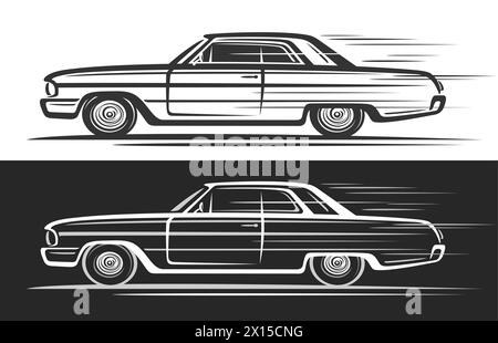 Vector logo for Vintage American Car, horizontal decorative banners with simple contour illustration of monochrome elegant american car in moving, cli Stock Vector