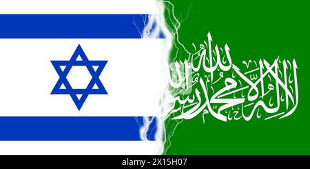 Lightnings effect between flags of Israel and Hamas. Israeli and Hamas attack, war in Gaza symbol Stock Photo