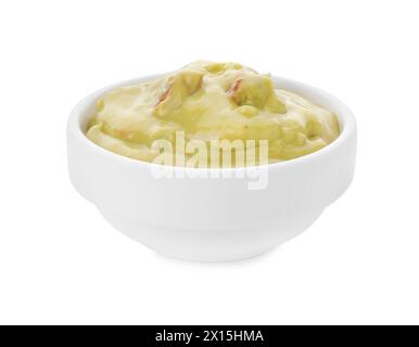 Delicious guacamole sauce in bowl isolated on white Stock Photo