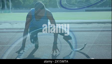 Image of data processing on digital screen over african america male runner with running blade Stock Photo