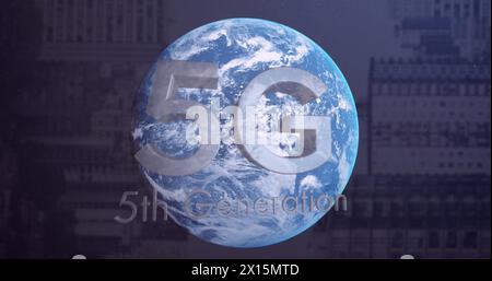 Image of data processing with globe and 5g text over city Stock Photo