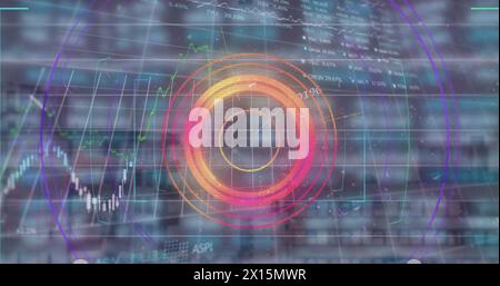 Image of digital interface and data processing over cityscape Stock Photo