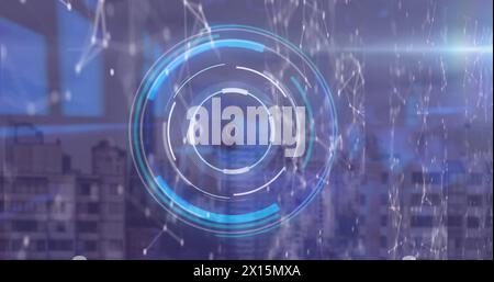 Image of digital interface and data processing over cityscape Stock Photo