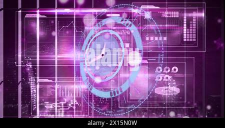 Image of clock over digital screen with diverse data Stock Photo