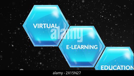 Image of education and learning text on blue hexagons over stars on blue background Stock Photo
