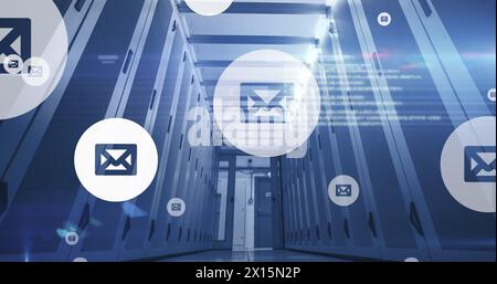 Image of envelope icons and numbers and data processing over computer servers Stock Photo