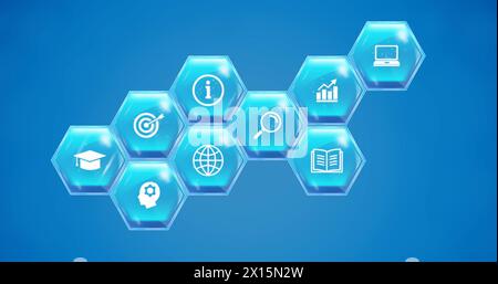Image of education and learning blue hexagon icons on blue background Stock Photo