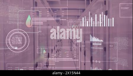 Image of graphs and data processing on digital screens over servers Stock Photo