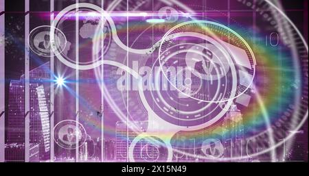 Image of flare, digital circles with globe, profile icons and binary code over city Stock Photo