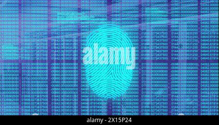 Image of fingerprint scanner over data processing against blue background Stock Photo