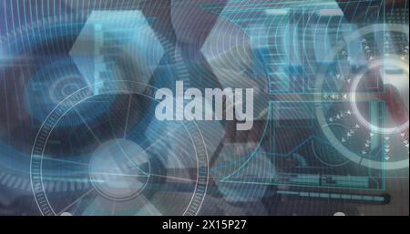 Image of digital screen with processing circles and hexagons Stock Photo