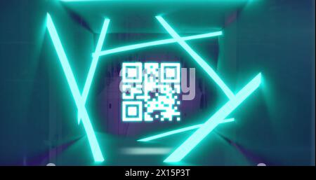 Image of glowing neon and qr code flickering over computer servers Stock Photo