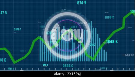 Image of round scanner over statistical data processing against blue background Stock Photo