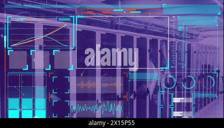 Image of data processing on screens over computer servers Stock Photo
