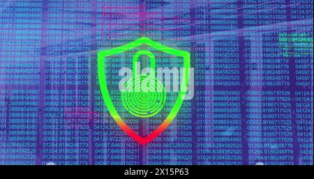 Image of data processing and biometric fingerprint padlock over computer servers Stock Photo