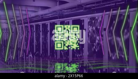 Image of yellow qr code and neon lights over networks and computer server room Stock Photo