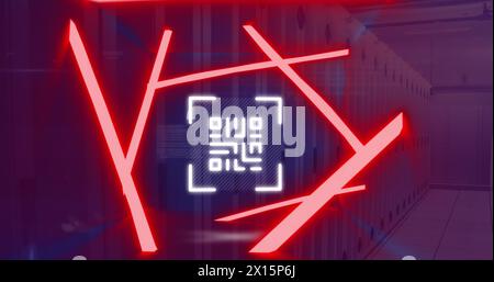 Image of neon qr code scanner and data processing against computer ...