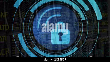 Image of processing circle over metaverse city and blue lights on black background Stock Photo