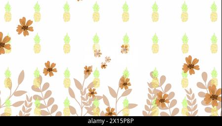 Image of flower icons over pineapple icons and leaves Stock Photo