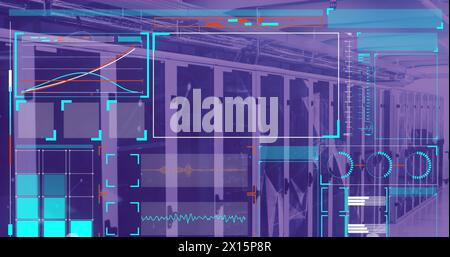 Image of data processing on screens over computer servers Stock Photo
