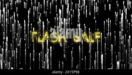 Image of flash sale text over binary matrix code on dark background Stock Photo