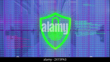 Image of data processing and biometric fingerprint padlock over computer servers Stock Photo