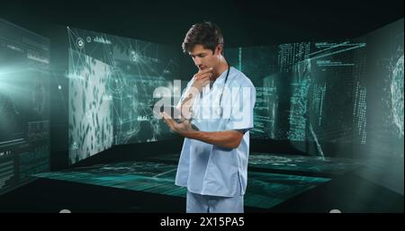 Image of data processing over smiling caucasian businessman using tablet Stock Photo