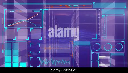 Image of data processing on screens over computer servers Stock Photo