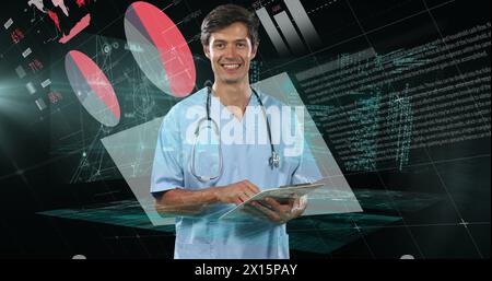 Image of data processing over businessman using tablet Stock Photo