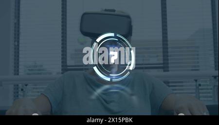 Image of countdown in circle over senior caucasiaan woman gesturing using vr headset at home Stock Photo